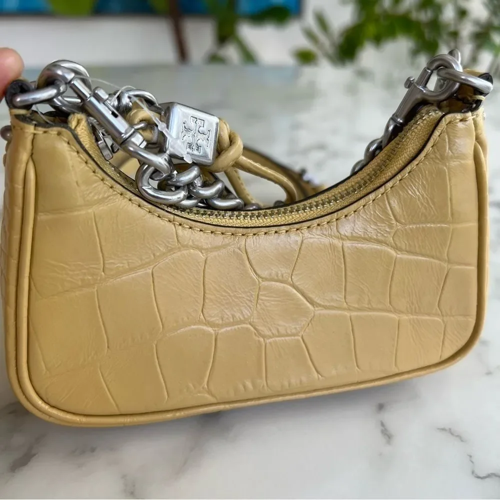 NWT Tory Burch Mercer Embossed Nano Crossbody Bag Beeswax Yellow Mini Chain Croc